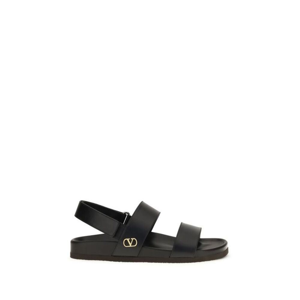 Valentino Garavani Black Calf Leather Bos Taurus Flat Men's Sandals